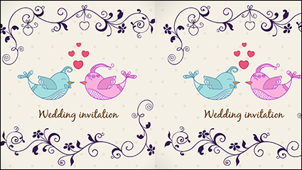 Cartoon bird lovers wedding invitations vector material