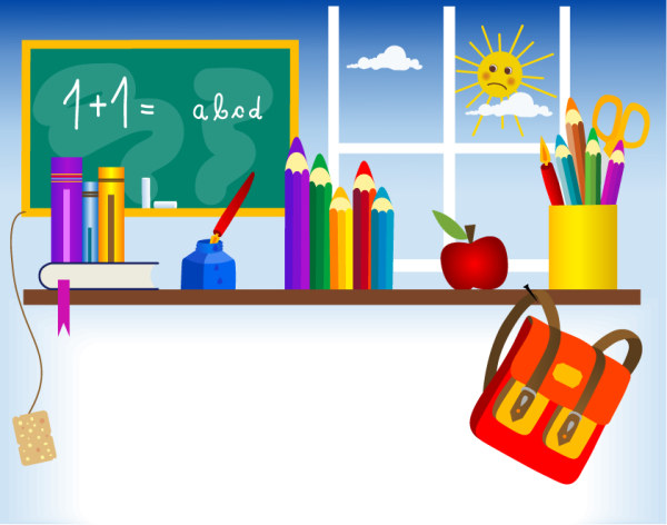 Stationery, blackboard, ink bottle, ink pens, books, school bags Vector 