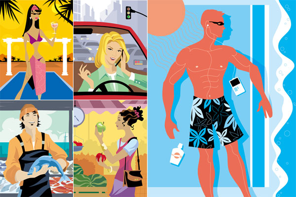 Vacation, driving, shopping, selling fish vector 