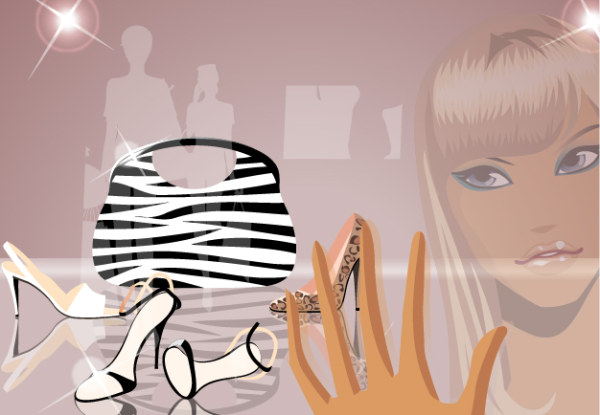 Vector fashion showcase of goods and material girls