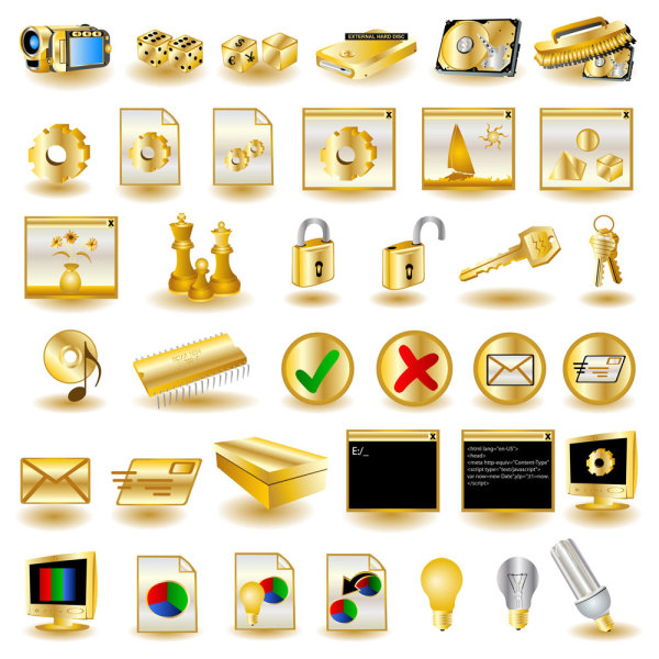 Gold common computer icon 02-- vector material