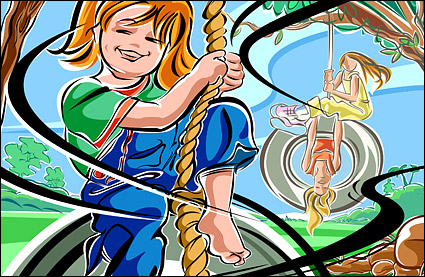 Hand-painted figures illustrations - swing, girls